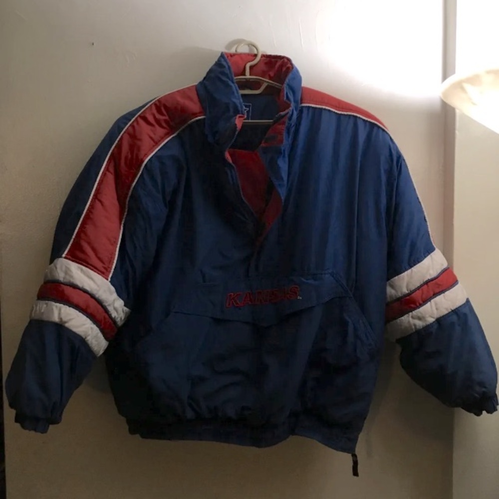 Starter Men’s Kansas Jayhawks Jacket Coat 1/4 Zip Pullover XXL Blue Red White